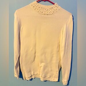 ANN TAYLOR- Cream Sweater with Pearls along neckline and sleeve cuffs, Size L